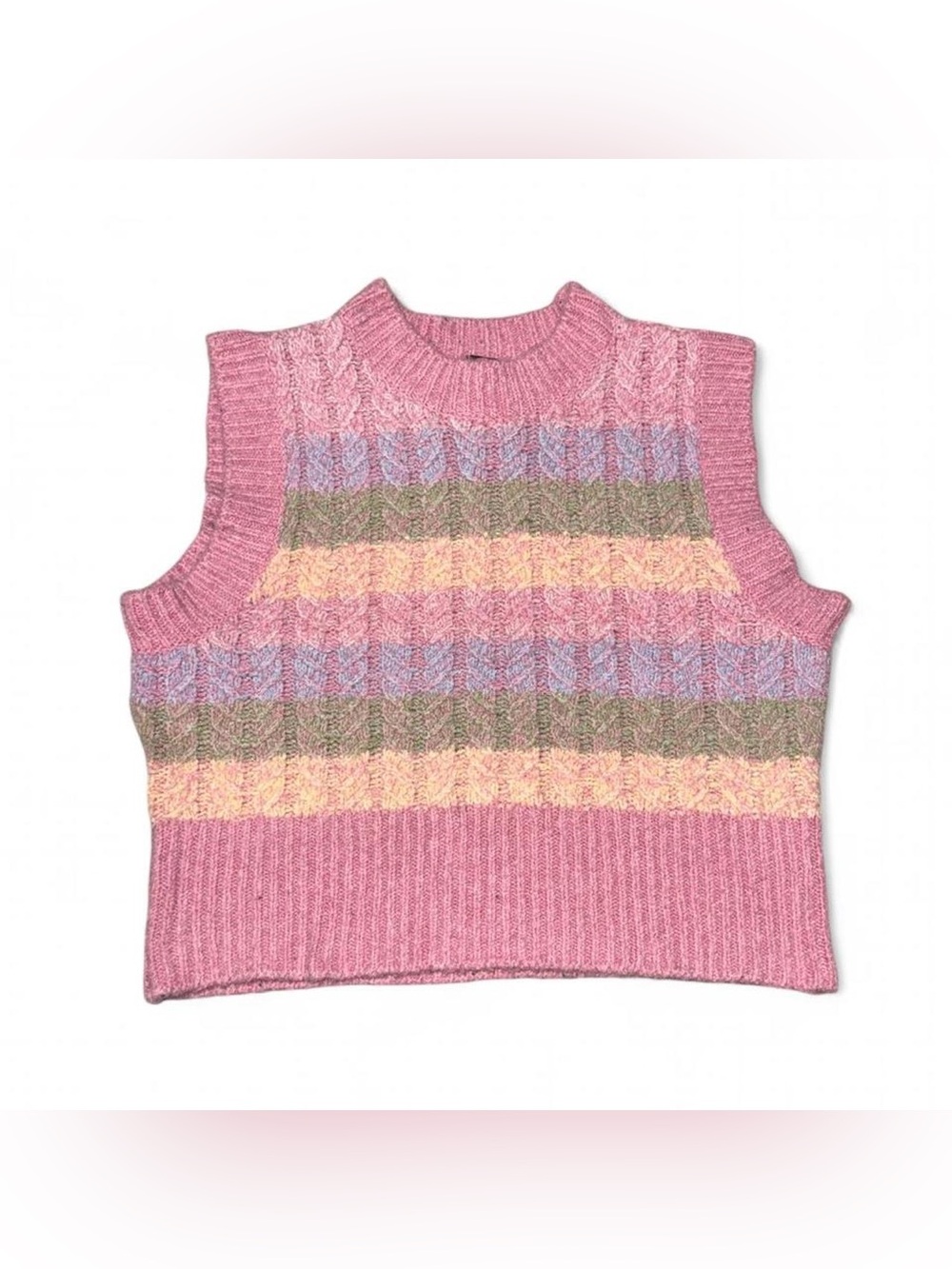 Forever 21 Pastel Striped Cable Knit Sweater Vest Womens Size M Pink Crop Cozy